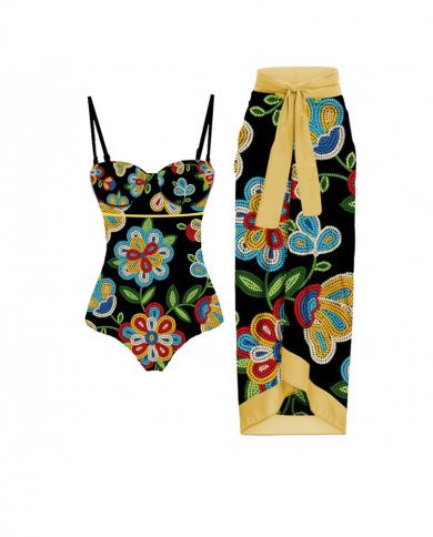 Vintage Black And Yellow Patchwork Bikini Sets Swimsuit  Skirt Women  Slim One Piece Push Up Swimwear Beach Bathing Sui