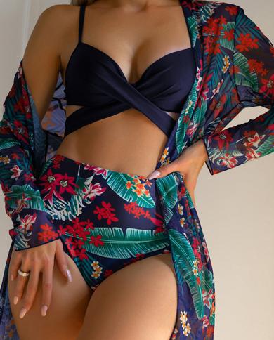 Floral Criss Cross Bikini de cintura alta conjunto cubrir traje de baño Push Up manga larga tres piezas traje de baño 2022 playa
