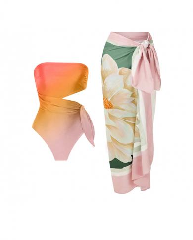 Gradient Offshoulder Backless Bikini Sets Swimsuit  Skirt Women Slim Elegant Chiffon One Piece Swimwear Beach Bathing S