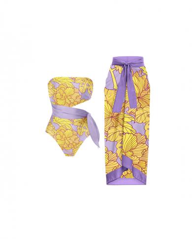Vintage púrpura con hojas amarillas conjuntos de bikini traje de baño falda ahueca hacia fuera una pieza fuera del hombro traje 