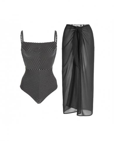 Conjuntos de Bikini a rayas en blanco y negro, traje de baño con falda para mujer, traje de baño brasileño translúcido de una pi