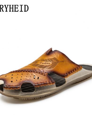 Vryheid Mens Slippers New Fashion Summer Water Shoes Genuine Leather Beach Sandals Men Casual Shoes Flip Flops Big Size
