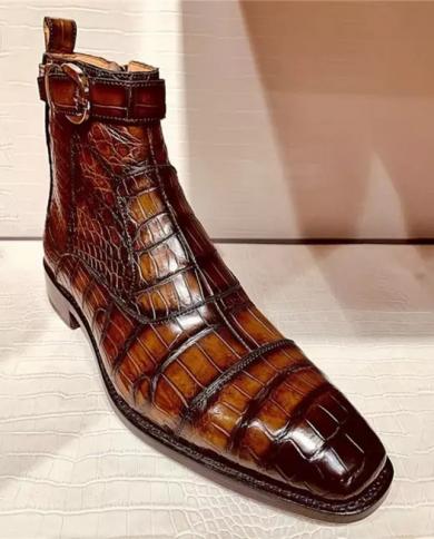 Botas de tobillo con cremallera marrón para Hombre, botas de motocicleta con punta cuadrada de negocios, patrón de cocodrilo, en