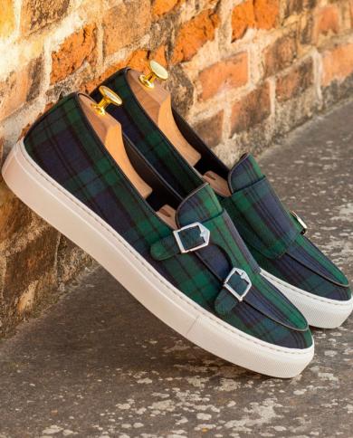 New Green Men Vulcanize Shoes Plaid Buckle Strap Monk Loafers Handmade Casual Shoes For Men With Free Shipping Zapatos D