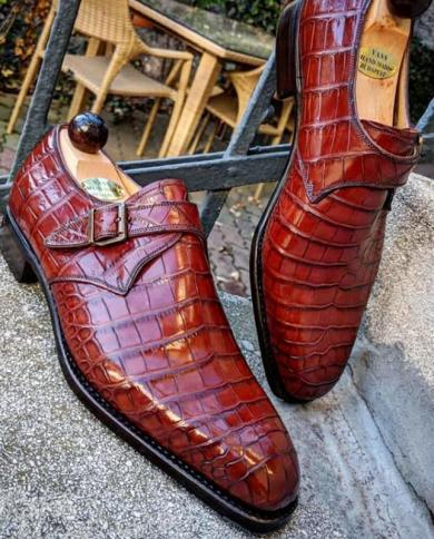 New In Red Buckle Strap Loafers Square Toe Men Shoes Free Shipping Crocodile Pattern Handmade Men Dress Sheos  Mens Dre