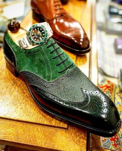 New In Green Brogue Shoes For Men Square Toe Lace Up Mens Dress Shoes Free Shipping Zapatos De Hombre Handmade Men Shoes
