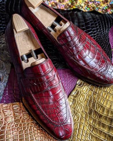 New In Red Loafers For Men Crocodile Pattern Breathable Slipon Party Men Dress Shoes Handmade Men Shoes Free Shipping  L