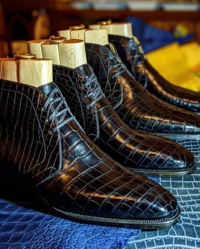 Black Men Ankle Boots Laceup Square Toe Business Crocodile Pattern Boots For Men With Free Shipping Botas De Hombre Men 