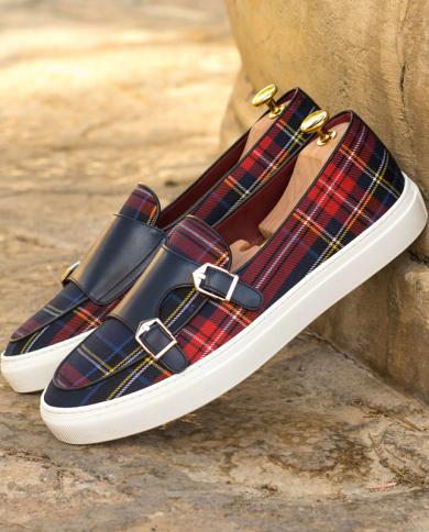 New Red Mens Vulcanize Shoes Plaid Buckle Strap Monk Loafers Handmade Casual Shoes For Men With Free Shipping Zapatos D