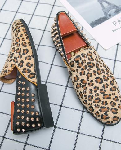 Leopard Men Loafer Slip On Designer Rivets Stud Shoes Punk Style Men Fashion Shoes Handmade Moccasins British Style Club