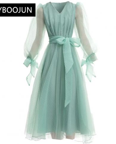 Dresses For Women 2022 Elegant High Quality Luxury Designer Autumn Mesh V Neck Lantern Sleeve Lace Up Solid Dot Bow Belt
