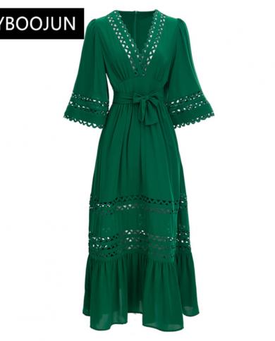 Dresses For Women 2022 Luxury Designer Elegant Runway  Hollow Out V Neck Belted 34 Sleeve Green Vacation Party Long Dre