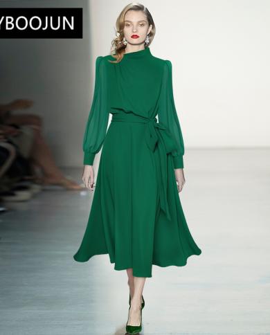 Casual Dresses For Women 2022 Luxury Designer Elegant Runway Stand Collar Lantern Sleeve Vintage Lace Up Solid Ol Green 