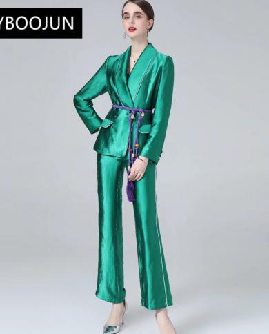 Womens Clothing Luxury Sets Blazer Suits Runway 2022 Winter Double Breasted Bandage Satin Jacket  Flared Pants 2 Piece