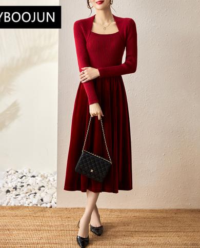 Dresses For Women 2022 Elegant High Quality Luxury Designer Square Collar Party Long Velvet Patchwork Knitted Dress For 