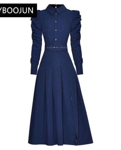 Dresses For Women 2023 Elegant High Qualit  Peter Pan Collar Puff Sleeve Belt Single Breasted Blue Vintage Split Midi Dr