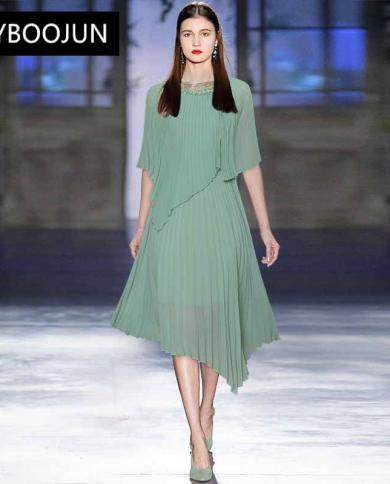 Elegant Dresses For Women 2022 Luxury Chiffon Dress Womens Embroidered Collar Pleated Cloak Sleeves Asymmetrical Midi D