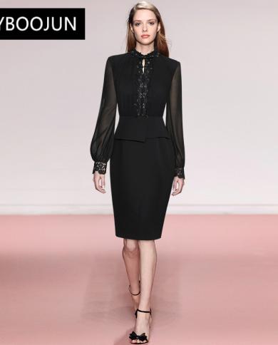 Dresses For Women 2022 Elegant High Quality Luxury Autumn Winter Lantern Sleeve Sequins Embroidery Patchwork Slim Black 