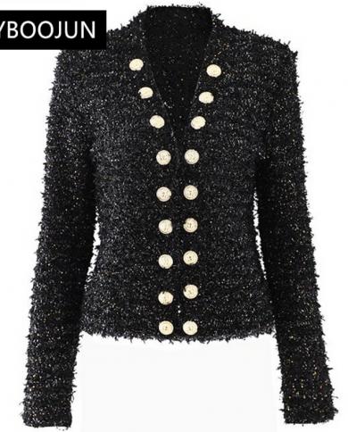 Blazers Suits For Women Elegant Stylish Bright Silk Streetwear Coat V Neck Double Breasted Knit Sparkling Black Cardigan