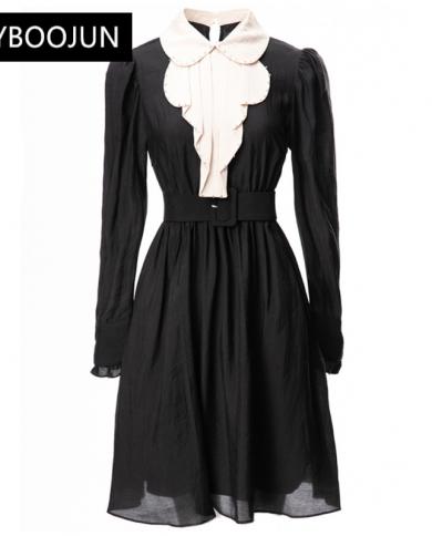 Dresses For Women 2022 Elegant High Quality Autumn Winter Mini Turn Down Collar Beading Belted Long Sleeve Black Short D