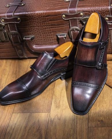 Sapatos sociais masculinos luxo couro genuíno 2022 outono novo estilo sem cadarços qualidade fivela borgonha casamento sapatos d