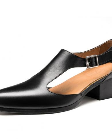 נעלי שמלת גברים יוקרתיות נעלי עקב 5 סמ קיץ עור אמיתי נושם שחור אופנה חלול חתונה נעלי חברה