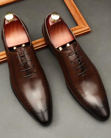נעלי אוקספורד לגברים בעבודת יד איטלקית עור עגל אמיתי שחור חום קלאסי ברוג נעלי שמלת כלה עסקית לגברים 20
