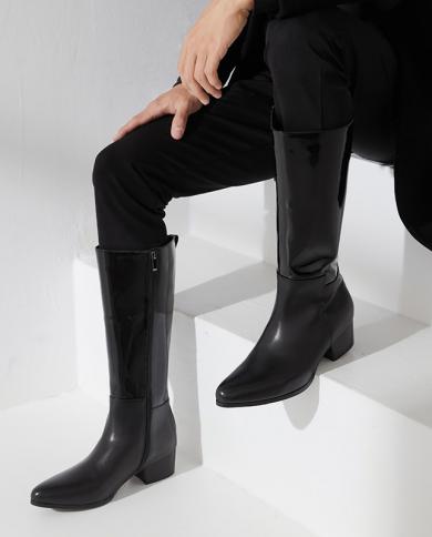 جديد النمط البريطاني الرجال التمهيد الركبة عالية العلامة التجارية الفاخرة جلد طبيعي 2023 أحذية الشتاء الدافئة مع الكعب العالي لل