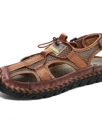 Sandalias de verano para Hombre, superficie de red de cuero genuino, cómodas sandalias informales, zapatillas para Hombre, Zapat
