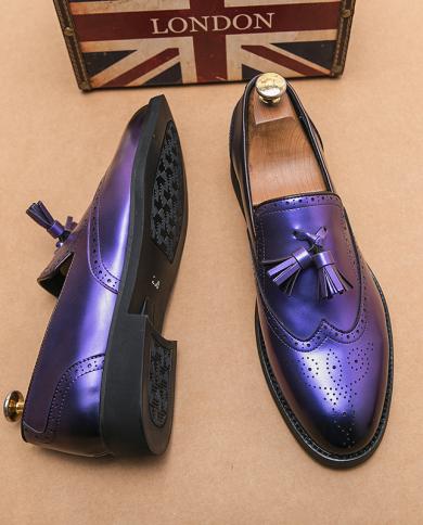 Loafers Men Shoes Patent Leather Glossy Pu Brogue Carved Tassel Slip On Fashion Business Casual Wedding Party Dress Shoe