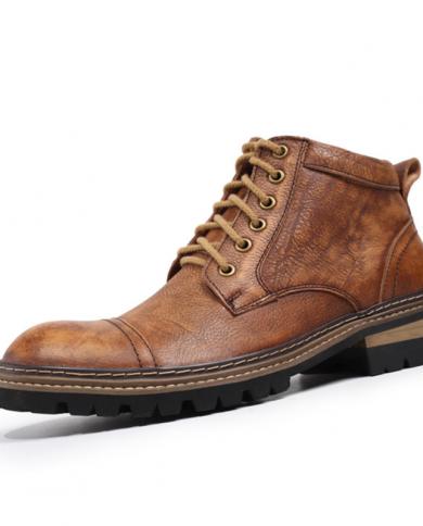 حذاء رجالي ربيعي عتيق من الجلد الطبيعي الفاخر برباط مصنوع يدويًا كلاسيكي متين بمقدمة مستديرة من الكاحل غير رسمي للرجال