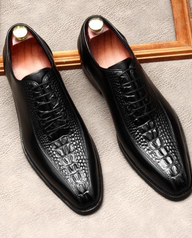 أحذية رجالي رسمية موضة تمساح نمط فاخر جلد طبيعي صيفي جديد مصمم مربع Toeblack زفاف Oxfords S