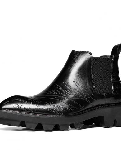جلد طبيعي منصة أحذية رجالي فاخرة اليدوية مصمم أزياء الذكور الكاحل أحذية تشيلسي نمط جديد الانزلاق على الأعمال