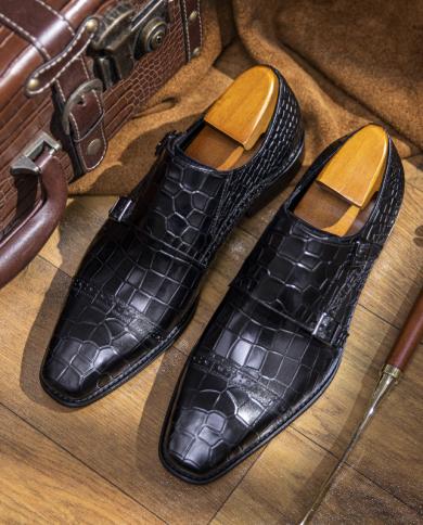 Mens Formal Leather Shoes Luxury Designer Genuine Leather Handmade Buckle Strap Solid Fashion Alligator Pattern Wedding 