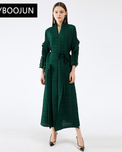 2022 élégant de haute qualité de luxe concepteur col en V à manches longues couture dentelle plissée Trerred lâche robe mi-longu