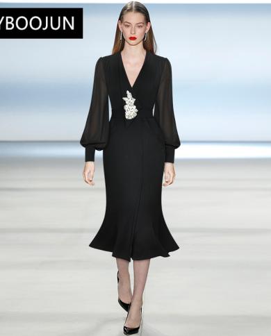 Sirène col en v lanterne manches cristal diamants à lacets Vintage noir robes mi-longues pour les femmes 2022 luxe concepteur au