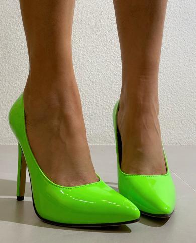 2023 Mulheres Finas 11,5 cm Sapatos de Salto Alto de Couro envernizado Sapatos de dedo do pé pontiagudo verde limão Sapatos femi