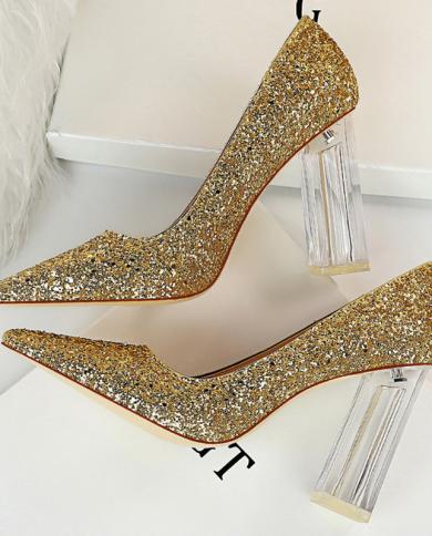 Sapatos femininos de salto alto transparentes sapatos prateados saltos grossos sapatos de casamento femininos dourados