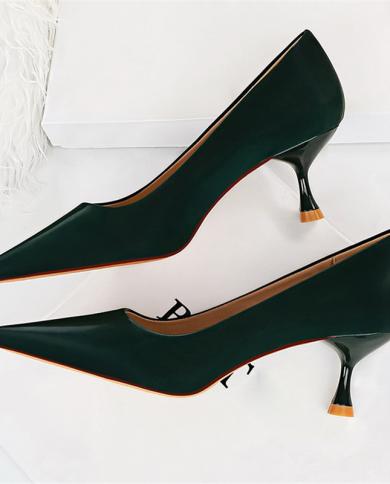 2023 Women Middle Heels 55cm High Heels Pointed Toe Fashion Pumps Lady Dark Green Kitten Low Heels Party Event Office M