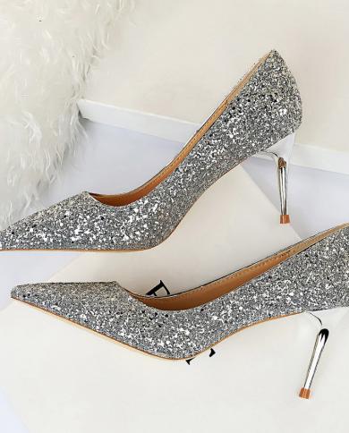 Women 75cm 10cm High Heels Silver Pumps Wedding Bridal Scarpins Sparkly Shorts Heels Lady Party Fashion Glitter Evening