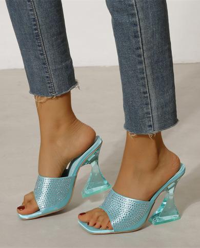 2022 Luxury Women 11cm High Heel Slippers Lady Fetish Transparent Clear Hoof Heels Slides Mules Glitter Crystal Silk Par