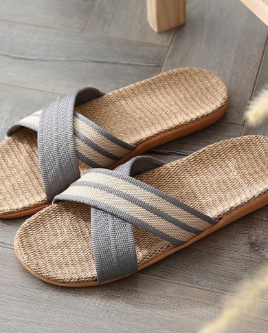 Men Shoes Plus Size Santislip Slippers Linen Home Indoor Open Toe Flat Shoe Beach Slippers Striped Spliced Rubber Sandal