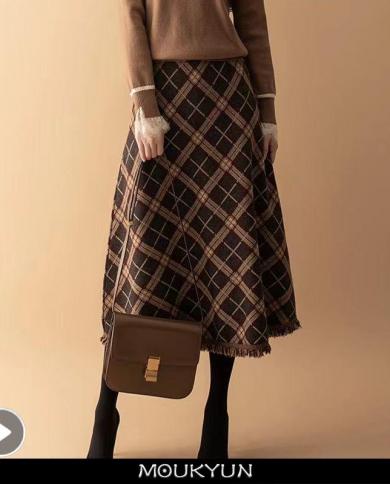 Moukyun Knitted Tassel A Line Long Skirts Women Plaid Skirt Female Winter High Waist Warm Skirt Autumn Elegant Office La