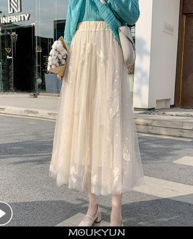 Moukyun Feather Luxury Woman Skirts  Fashion Elastic Waist Loose Midi Skirt Faldas Ladies Gauze Ball Gown Long Skirts