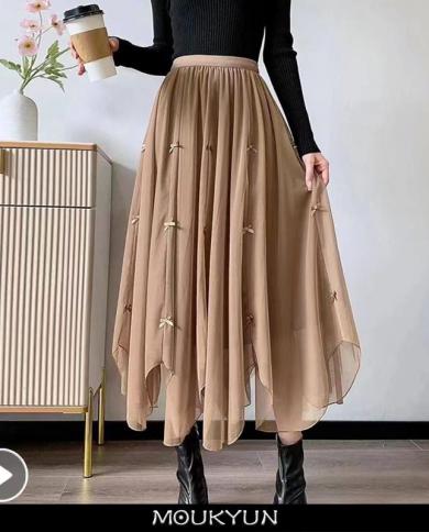 Moukyun Jacquard Irregular Skirt Womens  Elegant Mesh A Line Skirt Ladies Spring Gauze High Streetwear Hollow Long Skir