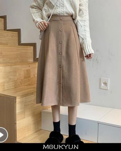 Moukyun Elegant Midi Skirt Women A Line High Waist Brown Long Faldas  Spring Autumn Winter Female Corduroy Skirts