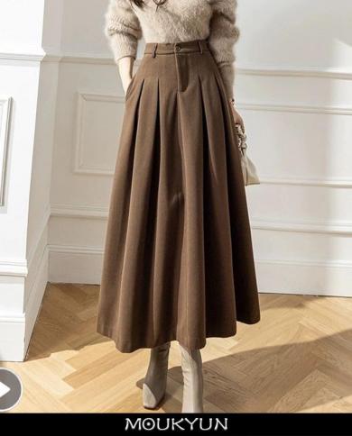 Moukyun Elegant Women Woolen Skirt Female Pockets Office Casual Loose A Line Skirts Spring Autumn Ladies High Waist Midi