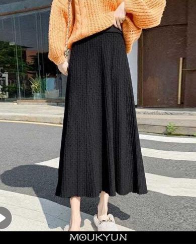 Moukyun Knitted Long Maxi Skirt Women Fall Winter Casual Solid Thick Warm A Line High Waist Ankle Length Skirt Female Fa