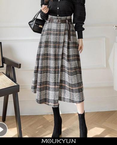 Moukyun Lrregular Plaid Skirt Autumn Womens Elegant Long Skirts Faldas Streetwear Ladies  Fashion With Belt A Line Skir