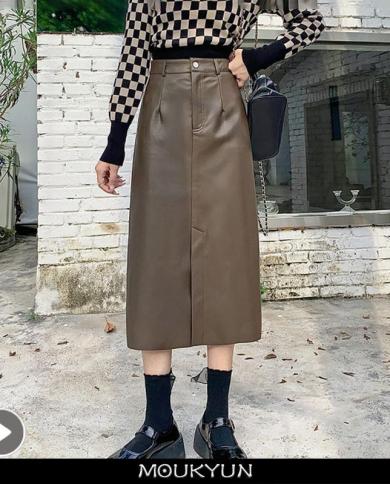 Moukyun Coffee High Waist Pu Skirt Female Fashion Slim Leather Faldas Women Solid A Line Skirt Office Ladies Midi Split 